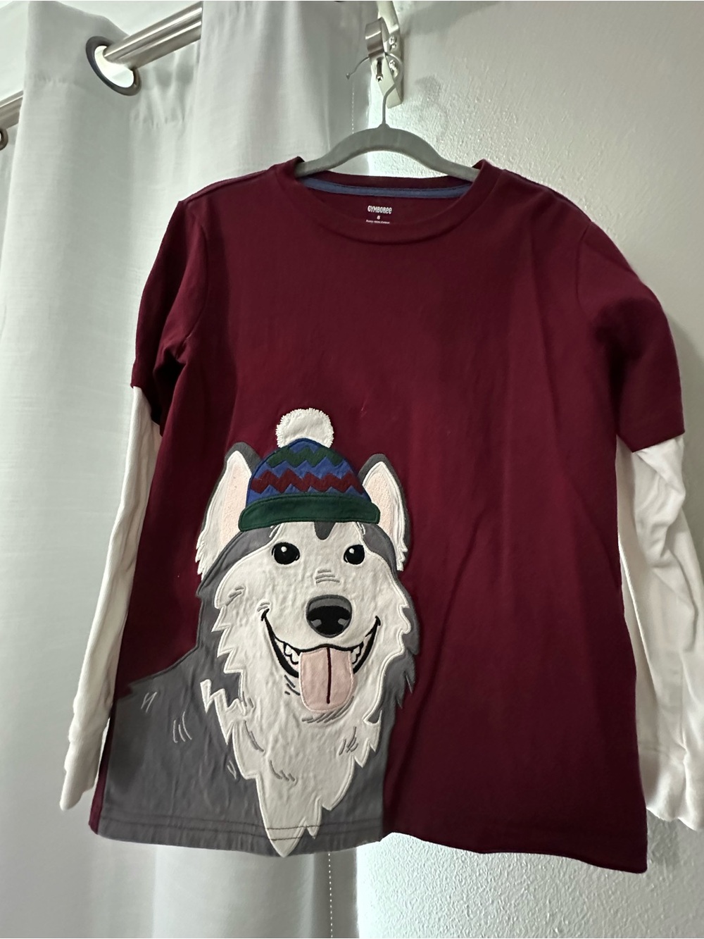 Kids Maroon Husky Gog Aplique Long Sleeve Tee with White Layered Sleeves